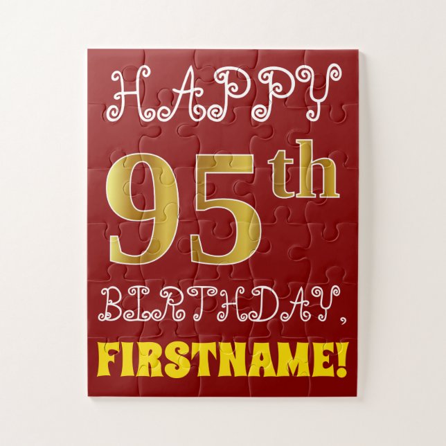 Red, Faux Gold 95th Birthday + Custom Name Puzzle (Vertical)