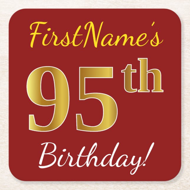 Red, Faux Gold 95th Birthday + Custom Name Square Paper Coaster (Front)