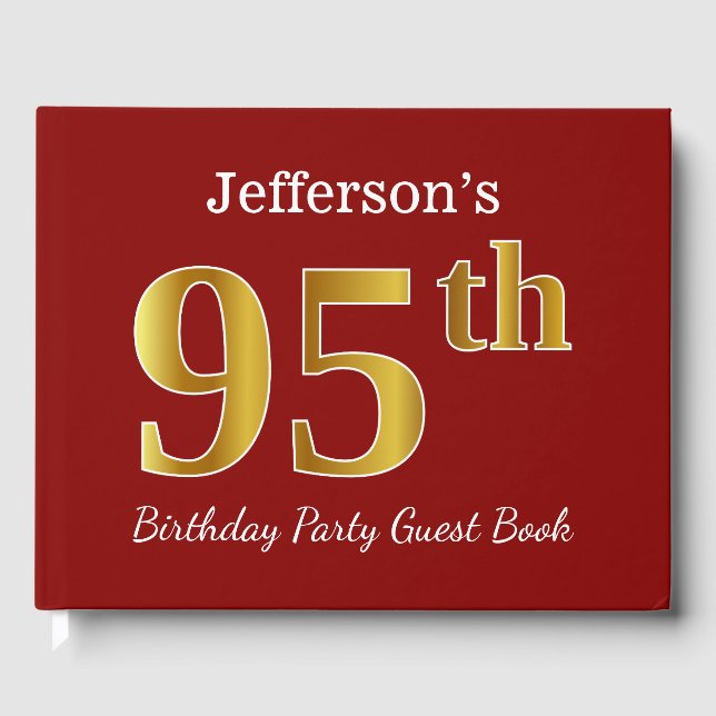 Red, Faux Gold 95th Birthday Party + Custom Name Guest Book (Front)