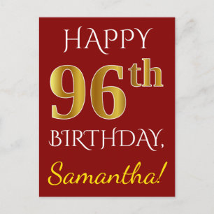 Red, Faux Gold 96th Birthday + Custom Name Postcard