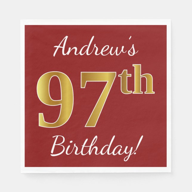 Red, Faux Gold 97th Birthday + Custom Name Napkin (Front)