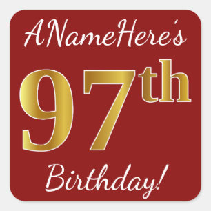 Red, Faux Gold 97th Birthday + Custom Name Sticker