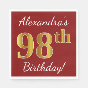 Red, Faux Gold 98th Birthday + Custom Name Napkin