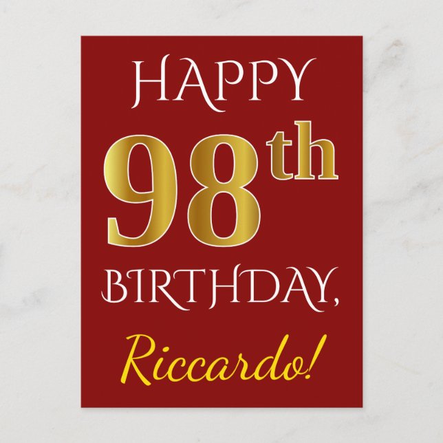 Red, Faux Gold 98th Birthday + Custom Name Postcard (Front)