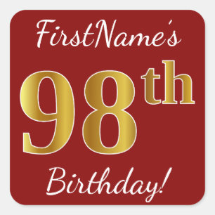 Red, Faux Gold 98th Birthday + Custom Name Sticker