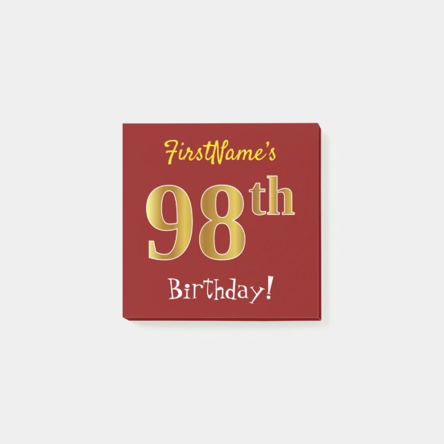 Red, Faux Gold 98th Birthday, With Custom Name Post-it Notes (Front)