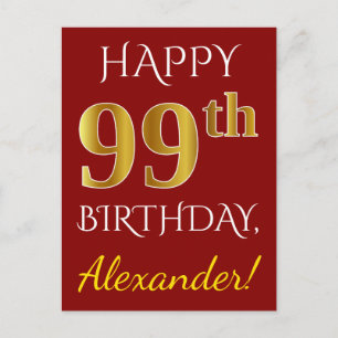 Red, Faux Gold 99th Birthday + Custom Name Postcard