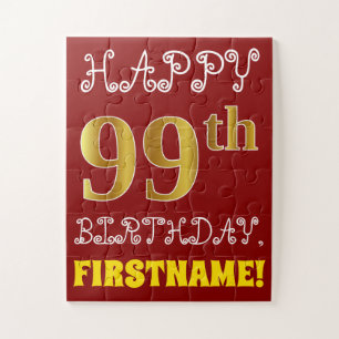 Red, Faux Gold 99th Birthday + Custom Name Puzzle