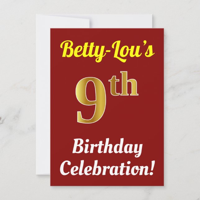 Red, Faux Gold 9th Birthday Celebration + Name Invitation (Front)