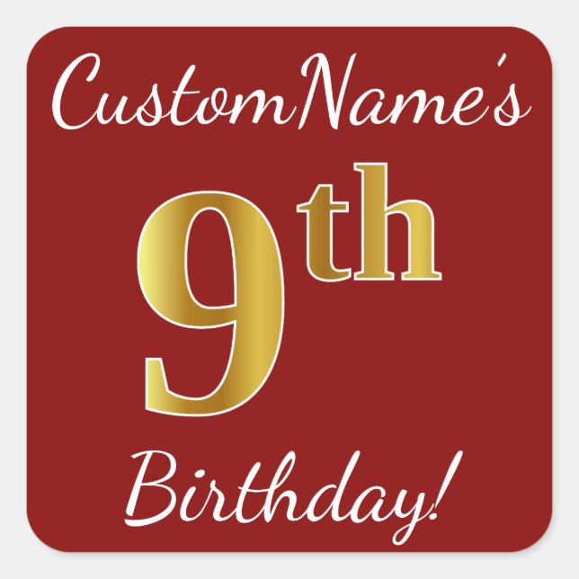 Red, Faux Gold 9th Birthday + Custom Name Sticker (Front)