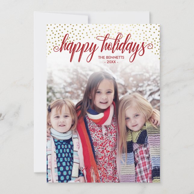 Red & Faux Gold Confetti - Happy Holidays Photo Holiday Card (Front)