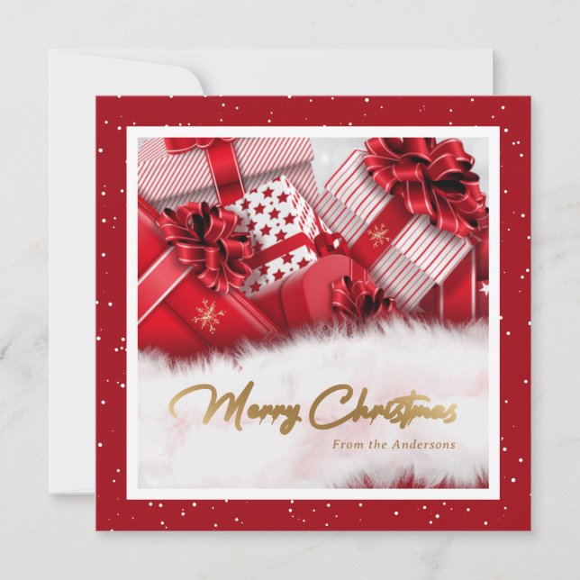 Red Faux Gold Foil Snow Gifts Christmas Cards (Front)