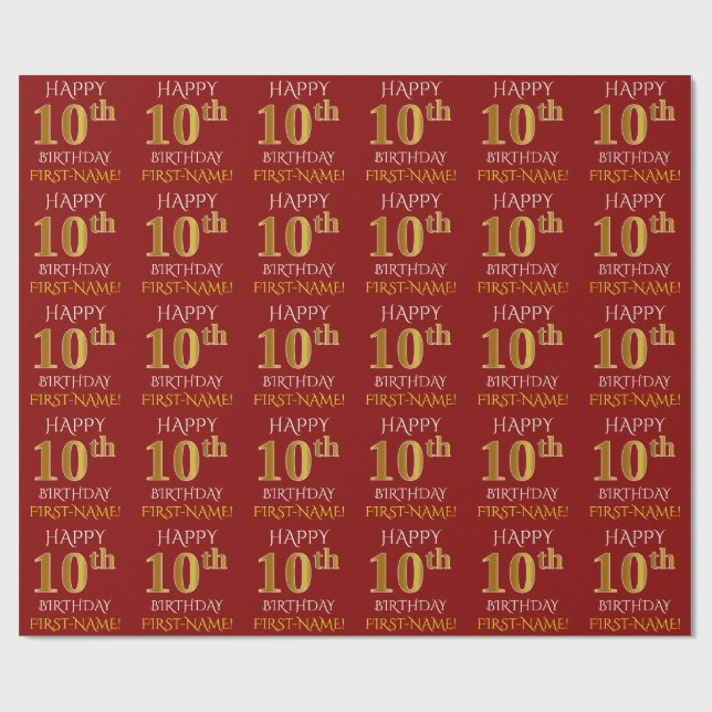 Red, Faux Gold "HAPPY 10th BIRTHDAY" Wrapping Paper (Flat)