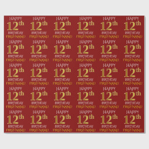 Red, Faux Gold "HAPPY 12th BIRTHDAY" Wrapping Paper