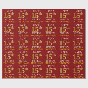 Red, Faux Gold "HAPPY 15th BIRTHDAY" Wrapping Paper