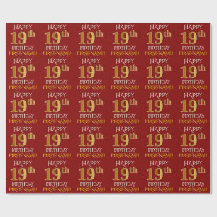Red, Faux Gold "HAPPY 19th BIRTHDAY" Wrapping Paper