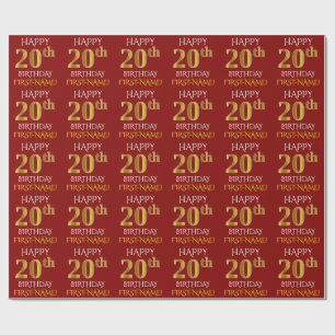 Red, Faux Gold "HAPPY 20th BIRTHDAY" Wrapping Paper