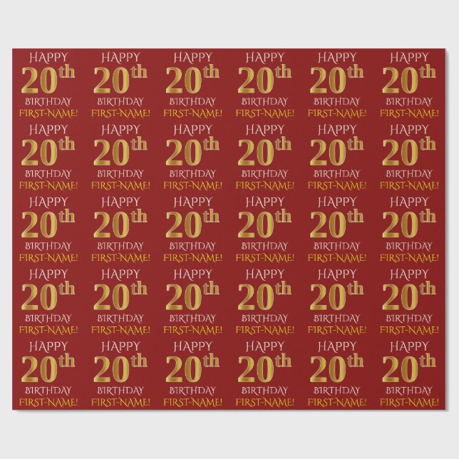 Red, Faux Gold "HAPPY 20th BIRTHDAY" Wrapping Paper (Flat)