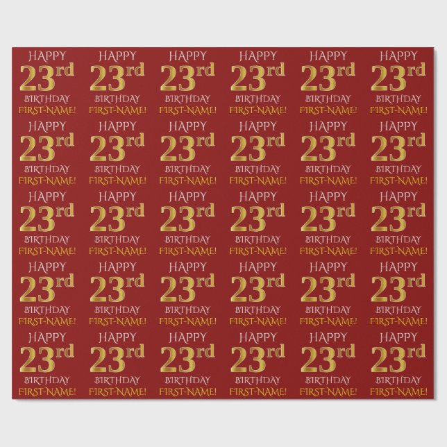 Red, Faux Gold "HAPPY 23rd BIRTHDAY" Wrapping Paper (Flat)