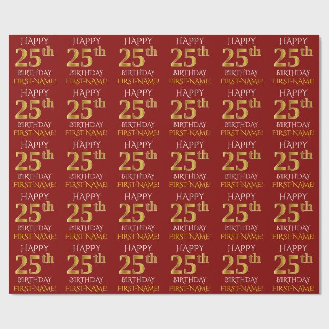 Red, Faux Gold "HAPPY 25th BIRTHDAY" Wrapping Paper (Flat)