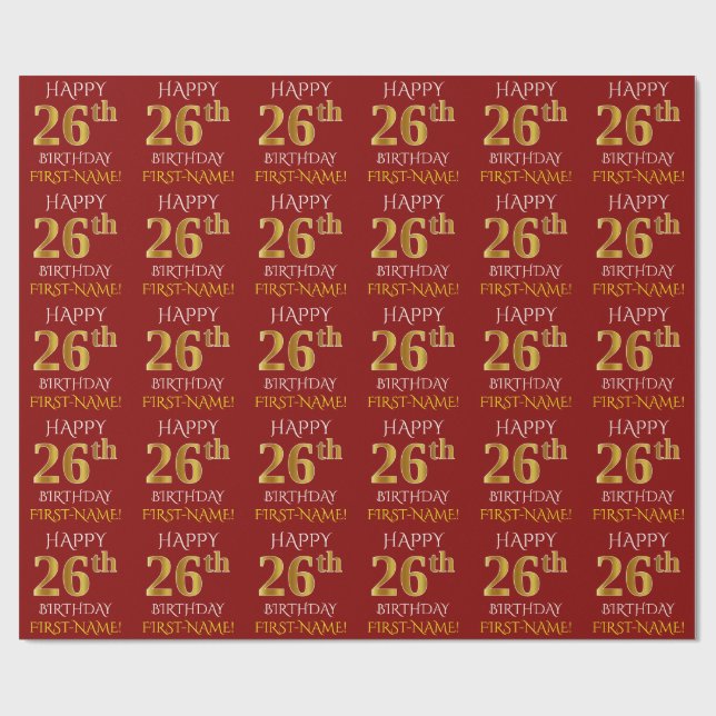 Red, Faux Gold "HAPPY 26th BIRTHDAY" Wrapping Paper (Flat)