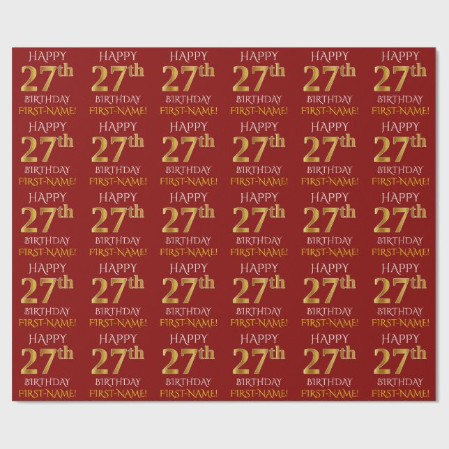 Red, Faux Gold "HAPPY 27th BIRTHDAY" Wrapping Paper (Flat)