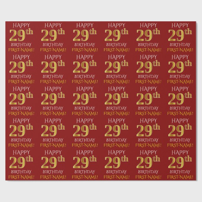 Red, Faux Gold "HAPPY 29th BIRTHDAY" Wrapping Paper (Flat)