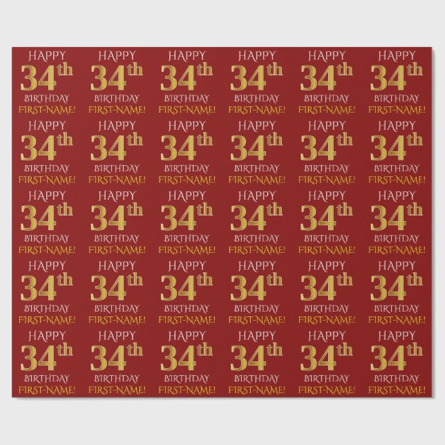Red, Faux Gold "HAPPY 34th BIRTHDAY" Wrapping Paper (Flat)