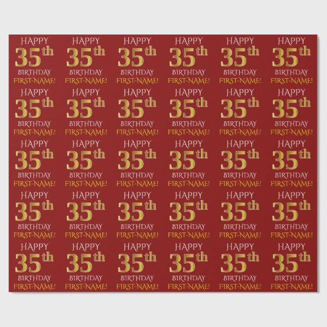 Red, Faux Gold "HAPPY 35th BIRTHDAY" Wrapping Paper (Flat)
