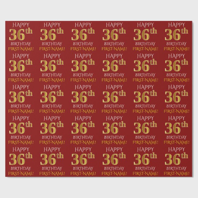 Red, Faux Gold "HAPPY 36th BIRTHDAY" Wrapping Paper (Flat)