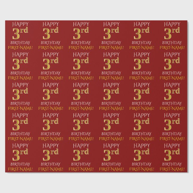 Red, Faux Gold "HAPPY 3rd BIRTHDAY" Wrapping Paper (Flat)