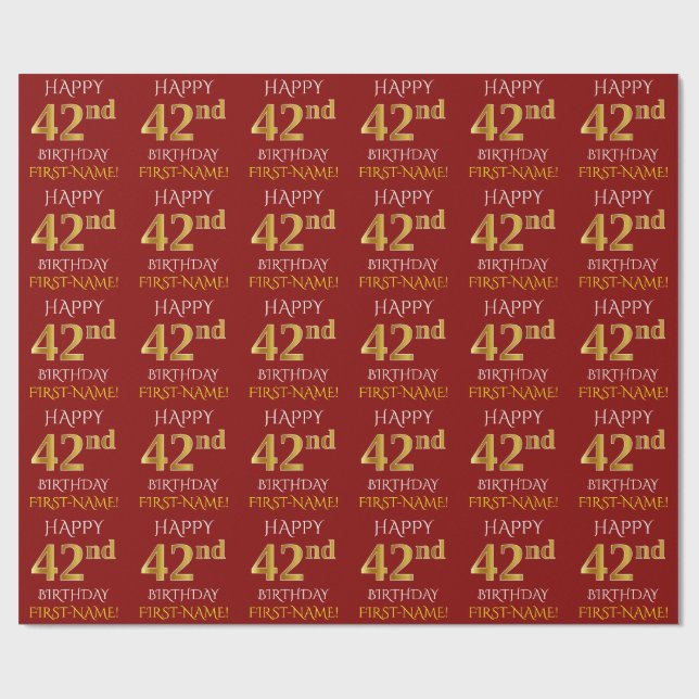 Red, Faux Gold "HAPPY 42nd BIRTHDAY" Wrapping Paper (Flat)