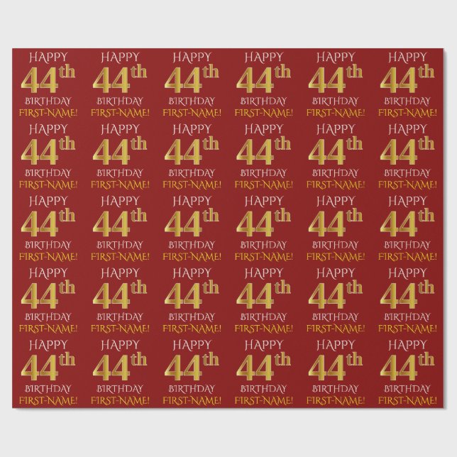 Red, Faux Gold "HAPPY 44th BIRTHDAY" Wrapping Paper (Flat)