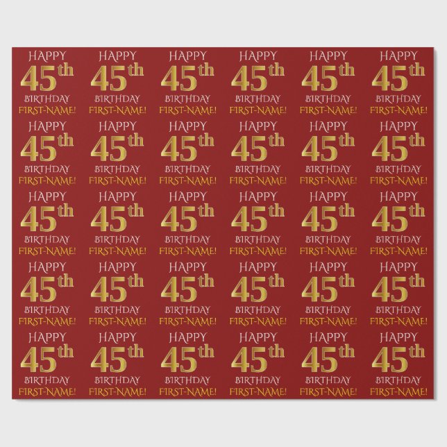 Red, Faux Gold "HAPPY 45th BIRTHDAY" Wrapping Paper (Flat)