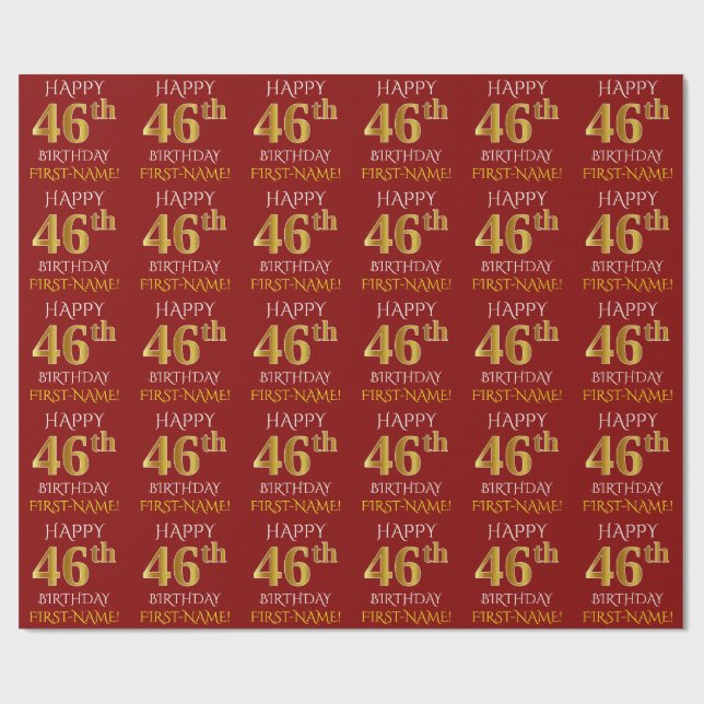 Red, Faux Gold "HAPPY 46th BIRTHDAY" Wrapping Paper (Flat)