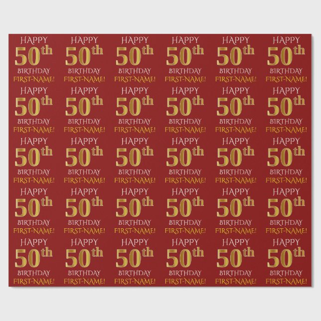Red, Faux Gold "HAPPY 50th BIRTHDAY" Wrapping Paper (Flat)