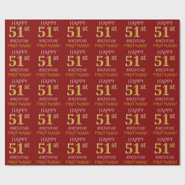 Red, Faux Gold "HAPPY 51st BIRTHDAY" Wrapping Paper (Flat)