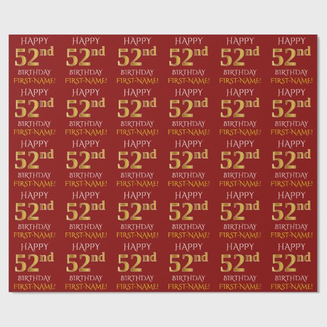 Red, Faux Gold "HAPPY 52nd BIRTHDAY" Wrapping Paper (Flat)