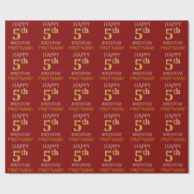 Red, Faux Gold "HAPPY 5th BIRTHDAY" Wrapping Paper (Flat)