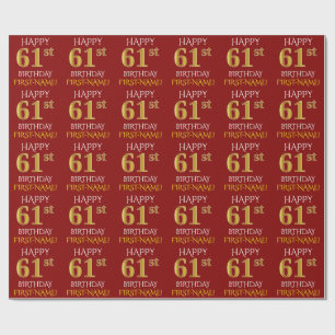 Red, Faux Gold "HAPPY 61st BIRTHDAY" Wrapping Paper