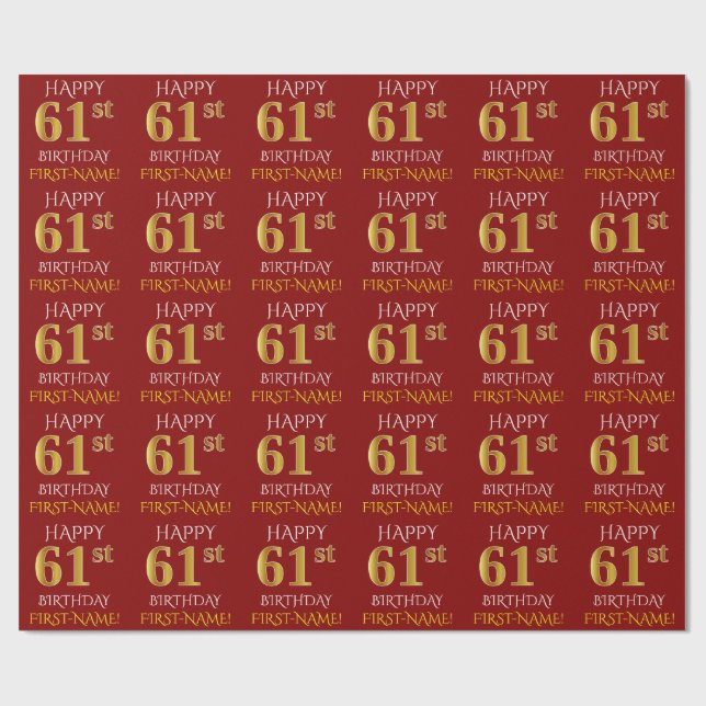 Red, Faux Gold "HAPPY 61st BIRTHDAY" Wrapping Paper (Flat)