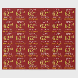 Red, Faux Gold "HAPPY 62nd BIRTHDAY" Wrapping Paper