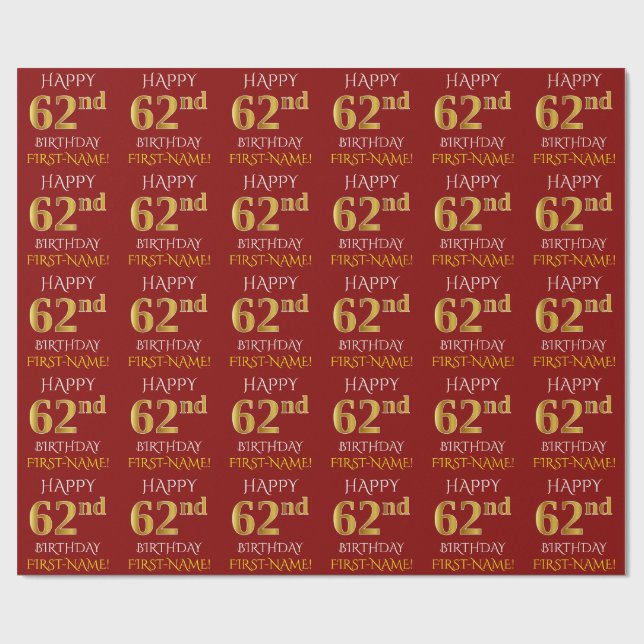 Red, Faux Gold "HAPPY 62nd BIRTHDAY" Wrapping Paper (Flat)