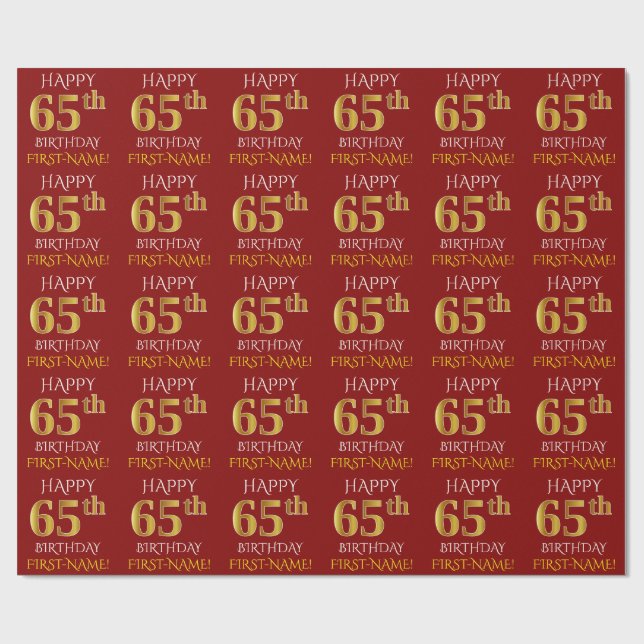 Red, Faux Gold "HAPPY 65th BIRTHDAY" Wrapping Paper (Flat)