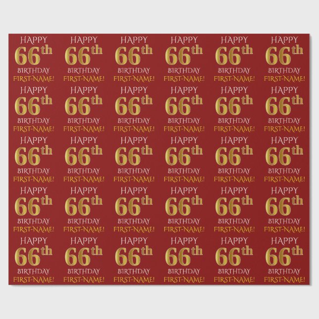Red, Faux Gold "HAPPY 66th BIRTHDAY" Wrapping Paper (Flat)
