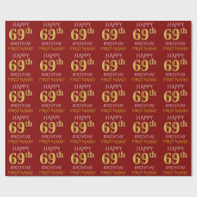 Red, Faux Gold "HAPPY 69th BIRTHDAY" Wrapping Paper (Flat)
