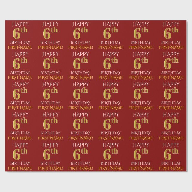 Red, Faux Gold "HAPPY 6th BIRTHDAY" Wrapping Paper (Flat)