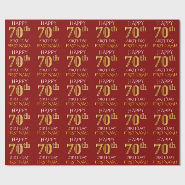 Red, Faux Gold "HAPPY 70th BIRTHDAY" Wrapping Paper (Flat)
