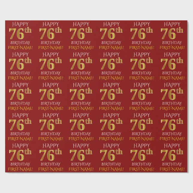 Red, Faux Gold "HAPPY 76th BIRTHDAY" Wrapping Paper (Flat)