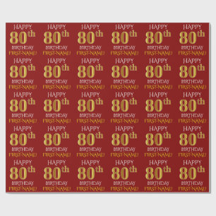 Red, Faux Gold "HAPPY 80th BIRTHDAY" Wrapping Paper